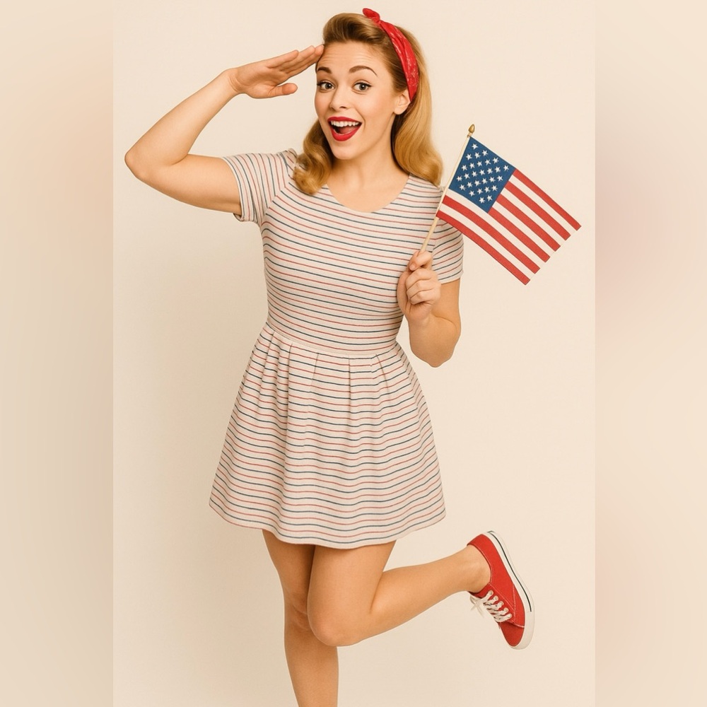 James Draper RSVP Red, White & Blue Striped Flare Mini Dress, Size XL, EUC! - Picture 5 of 16